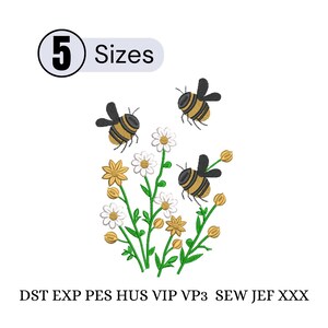 May include: An embroidery design featuring three bees and a cluster of daisies and other flowers. The design includes the text "5 Sizes" in a circle. The bottom of the image includes the text "DST EXP PES HUS VIP VP3 SEW JEF XXX".