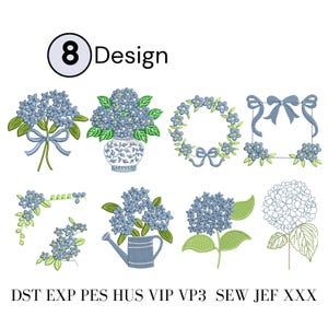 Pode incluir: Oito desenhos de bordado com flores de hortênsia azuis, folhas verdes e laços azuis. Os desenhos incluem um buquê, um arranjo em vaso, uma coroa, uma moldura, um canto, um regador, uma única flor e um contorno. A palavra "Design" está acima.