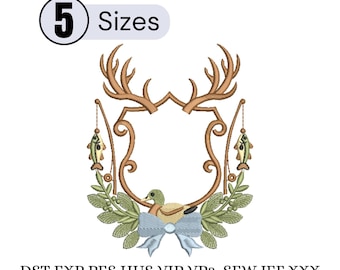 May include: An embroidered design featuring a brown antler frame with a duck, fishing poles, and a blue bow. The design includes the text "5 Sizes" and various file type abbreviations.