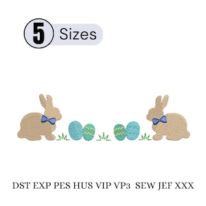 May include: An Easter-themed design featuring two tan-colored bunny silhouettes with blue bow ties, flanking a row of decorated Easter eggs in shades of blue and yellow. The image includes the text "5 Sizes" and various file format abbreviations.