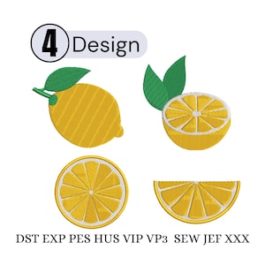 May include: Embroidered lemon designs in various forms: whole, halved, sliced, and a wedge. The designs are yellow with green leaves and white outlines. The image includes the text "4 Design" and file type abbreviations.