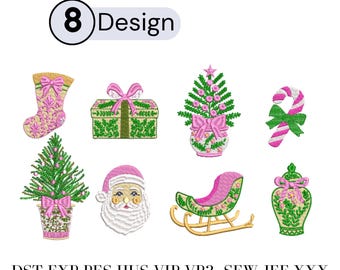 Grandmillennial Christmas Embroidery Design Bundle, 8 Icons (3 Sizes)