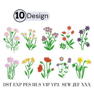 May include: A collection of ten floral designs in various colors, including pink, white, yellow, orange, and purple. Each design features detailed flower and leaf patterns. The text "10 Design" is at the top, and file formats are listed at the bottom.