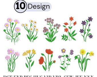 10 disegni di ricami floreali per macchina da cucire, fiori botanici, narcisi, papaveri, fiori selvatici, pacchetto di modelli scaricabili istantaneamente in formato zip -