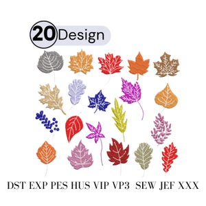 Könnte beinhalten: Ein Bild mit 20 gestickten Blattdesigns in verschiedenen Farben, darunter Orange, Rot, Lila und Grün. Die Designs werden auf weißem Hintergrund angezeigt, mit dem Text "20 Design" oben. Dateiformatabkürzungen sind ebenfalls enthalten.