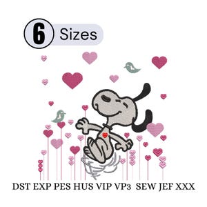 May include: An embroidered design featuring Snoopy, surrounded by pink hearts and small birds. The design includes the text "6 Sizes" and file type abbreviations. The Snoopy character has a red heart on his chest.