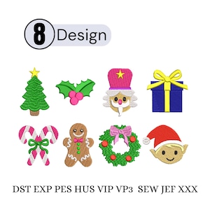 May include: A collection of eight Christmas-themed designs. The designs include a green Christmas tree, holly with red berries, a Santa Claus figure, a blue gift box with a yellow bow, candy canes, a gingerbread man, a wreath, and an elf.