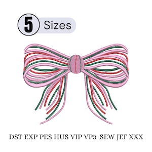 May include: A pink bow design with red and green accents. The bow has a textured center and multiple strands. The image includes the text "5 Sizes" and file type abbreviations: DST, EXP, PES, HUS, VIP, VP3, SEW, JEF, XXX.