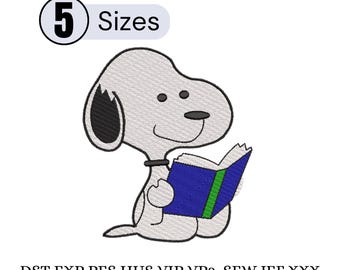 Disegno per ricamo di un cane che legge libri / Cucciolo carino in stile cartone animato PES DST EXP / File per ricamo a macchina / Download immediato / 5 dimensioni