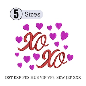 May include: An embroidery design featuring the letters "XO" in red script, surrounded by several pink hearts. The design includes the text "5 Sizes" and various file formats: DST, EXP, PES, HUS, VIP, VP3, SEW, JEF, and XXX.