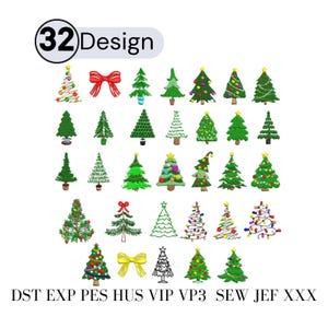 Puede incluir: Una colección de 32 diseños de árboles de Navidad en varios estilos, incluyendo versiones decoradas y minimalistas. Los diseños presentan una gama de colores y adornos, con la palabra "Design" encima de los árboles.