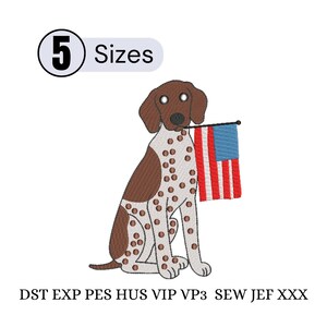 May include: An embroidered design of a dog with brown and white markings, holding a small American flag. The design includes the text "5 Sizes" and various file format abbreviations.