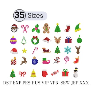 May include: A collection of 35 embroidered Christmas-themed designs, including Santa Claus, candy canes, ornaments, gingerbread men, Christmas trees, stockings, and reindeer. The text "35 Sizes" is displayed above the designs, and the text "DST EXP PES HUS VIP VP3 SEW JEF XXX" is displayed below.
