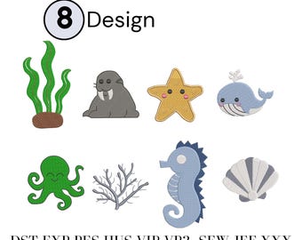 Pacchetto di disegni per ricamo di animali marini / Set di ricamo a macchina di cuccioli di animali oceanici / File di mini creature marine / Download immediato
