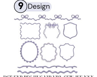 Collezione di disegni per ricamo a macchina con cornice a stemma, nastro monogramma, fiocco, ghirlanda, bordo con stemma, file PES, DST, EXP / Modello per ricamo a macchina
