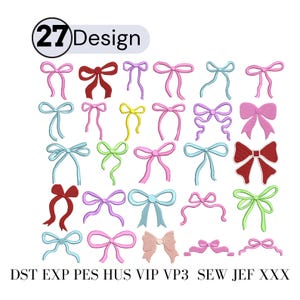 Puede incluir: Una colección de 27 diseños de lazos coloridos en varios estilos y colores, incluyendo rosa, rojo, azul y verde. La imagen incluye el texto "27 Design" y abreviaturas de formatos de archivo.