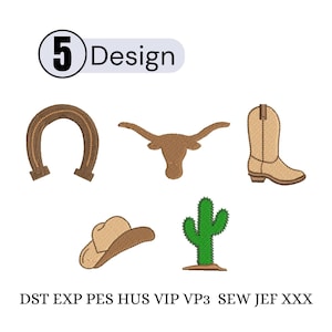 May include: An image featuring six embroidered designs with a Western theme. The designs include a horseshoe, longhorn, cowboy boot, cowboy hat, and a cactus. The number 5 is in a circle above the word "Design".