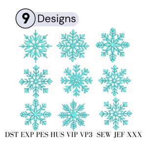 May include: Nine turquoise snowflake designs are displayed on a white background. The snowflakes have intricate details and are arranged in three rows of three. The text "9 Designs" is in a black circle at the top left. Below the snowflakes are file type abbreviations.