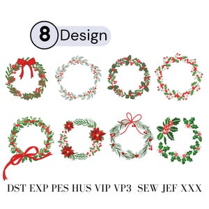 Op de afbeelding: Acht kerstkransontwerpen worden getoond, elk met een unieke rangschikking van groen, bessen en strikken. De kransen zijn cirkelvormig, met rode en groene kleuren die de ontwerpen domineren. De tekst "8 Design" staat bovenaan.