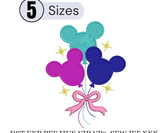 Diseño de bordado de globos de Mickey, dibujo animado del Reino Mágico (descarga instantánea)
