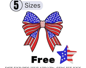 Mini disegno per ricamo a forma di fiocco con bandiera americana, punto patriottico USA per il 4 luglio, file per ricamo del Memorial Day, 5 misure, download digitale