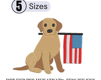 Disegno ricamato patriottico di un cane con bandiera americana, file per ricamo a macchina di un cucciolo USA, modello per ricamo di un cane per il 4 luglio, download digitale.