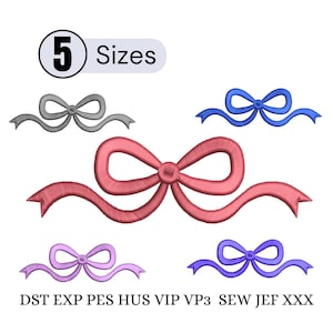 May include: An image featuring five embroidered bow designs in various colors: gray, blue, pink, purple, and blue-purple. The text "5 Sizes" is displayed above the bows. Below the bows are the text "DST EXP PES HUS VIP VP3 SEW JEF XXX".