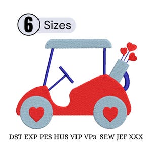 May include: A red golf cart design with blue accents, featuring heart-shaped wheels and golf clubs with heart-shaped flags. The image includes the text "6 Sizes".