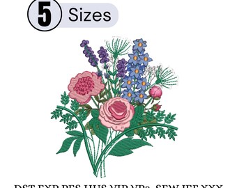Disegno da ricamo per bouquet floreale rosa, ricamo a macchina con composizioni floreali botaniche, eleganti fiori da giardino, 5 dimensioni, download immediato