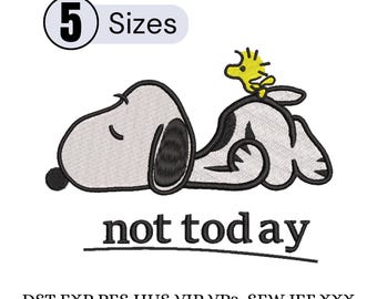 Desenho de bordado de cachorro preguiçoso, "Não, hoje não", estilo Snoopy engraçado, clipart de cachorro de desenho animado engraçado em crochê, download digital fofo de Peanuts.