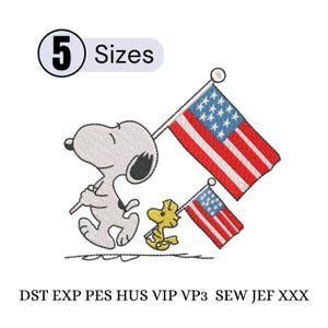 May include: An embroidered design featuring Snoopy and Woodstock, each carrying an American flag. The design includes the text "5 Sizes" and is in red, white, blue, and yellow. The image is on a white background.