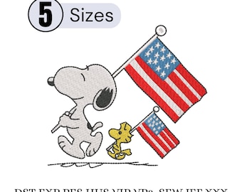 Ricamo di Snoopy Woodstock con la bandiera degli Stati Uniti / Cartone animato patriottico per il 4 luglio (Download digitale)
