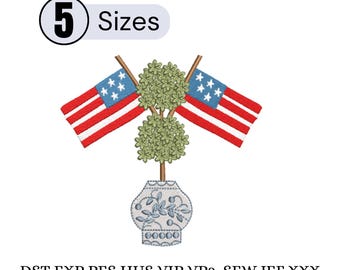 Bandiera patriottica americana del 4 luglio, ricamo di topiaria cineseria, ricamo di topiaria del 4 luglio, fiocco patriottico, ricamo di albero di bosso