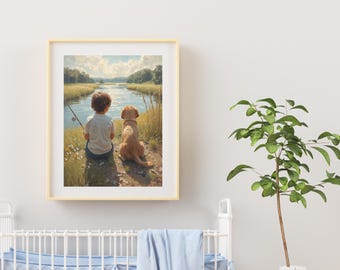 Boy and Golden Retriever Fishing Print | Rustic Nursery Wall Art (Digital Download)