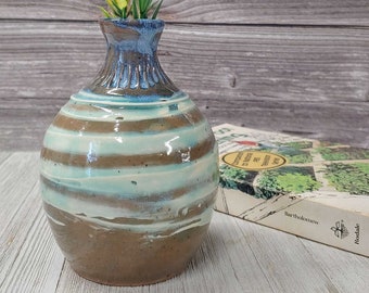 Ceramic Bud Vase in Green and Blue, minimalistic bud vase. Rustic pottery, Handmade pottery wildflower vase