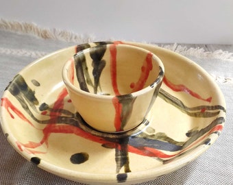 Colorful Chip and Dip Set - Stoneware Pottery - Party serving bowls - Vegetable platter - Handmade ceramics.