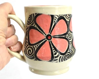 Pink Flower Power  Pottery Mug - Whimsical  pottery - Wheel thrown Mug with Bohemian vibes