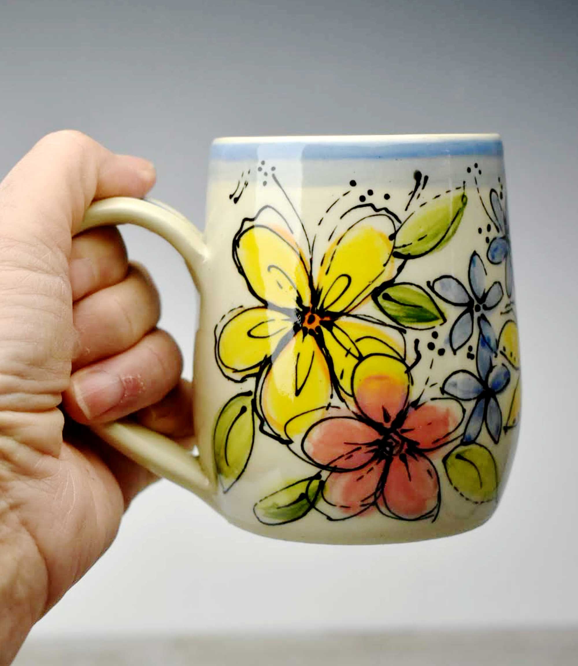 Ceramic Mug with Handpainted Flowers 14 oz. Large Mug Etsy