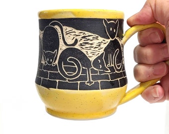 Cat Mug - Pottery Mug with Black Cats - Cat Lover Gift