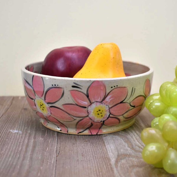 Salad Bowl,  Pasta Bowl, Ceramic Serving Bowl, Decorative Bowl with Pink Flowers
