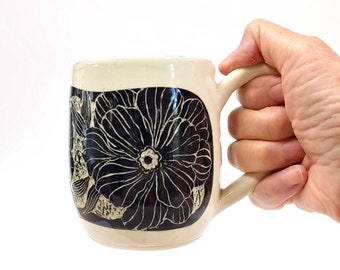 Flower Pottery Mug - Hand carved, sgraffito Ceramic coffee mug - unique floral gift