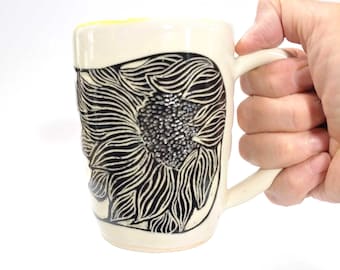 Sun Flower Pottery Mug - Hand carved, sgraffito Ceramic coffee mug - unique floral gift