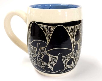 Mushroom Forest Pottery Mug - Hand carved in black and white Ceramic coffee mug - unique gift