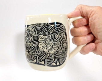 Sun Flower Pottery Mug - Hand carved, sgraffito Ceramic coffee mug - unique floral gift