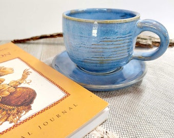 Cappuccino Mug and Saucer - Ceramic small Tea cup and saucer in light blue