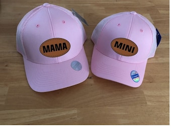 Laser Engraved Leatherette Mom and Mini Trucker Hats Personalized Toddler Patch Trucker Hat New Mom Leather Patch Trucker Hat Gift Mom Hat