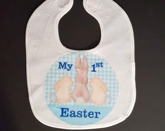 Baby Boy First Easter Bib Blue Check Easter Bunny Bib Easter Basket Gift Baby Boy First Easter Keepsake Custom Printed First Easter Bib