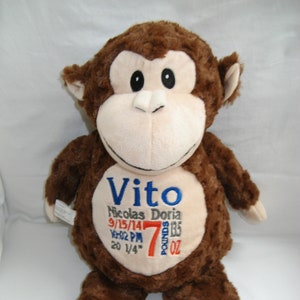 Personalized Stuffed Monkey Custom Embroidered Monkey Baby Gift Monkey Birth Stats Gift Jungle Theme Gift Big Brother Gift Ring Bearer Gift