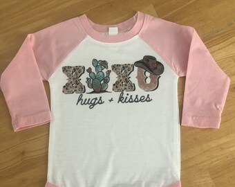 Infant Girl Western Cow Girl Design One Piece Baby Girl Western Theme Hugs and Kisses One Piece Custom Printed Girls Western Design