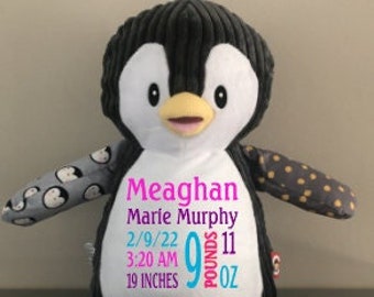 Personalized Sensory Stuffed Penguin Custom Embroidered Birth Stats Gift Birth Announcement Gift Textured Fabric Toddler Toy Penguin